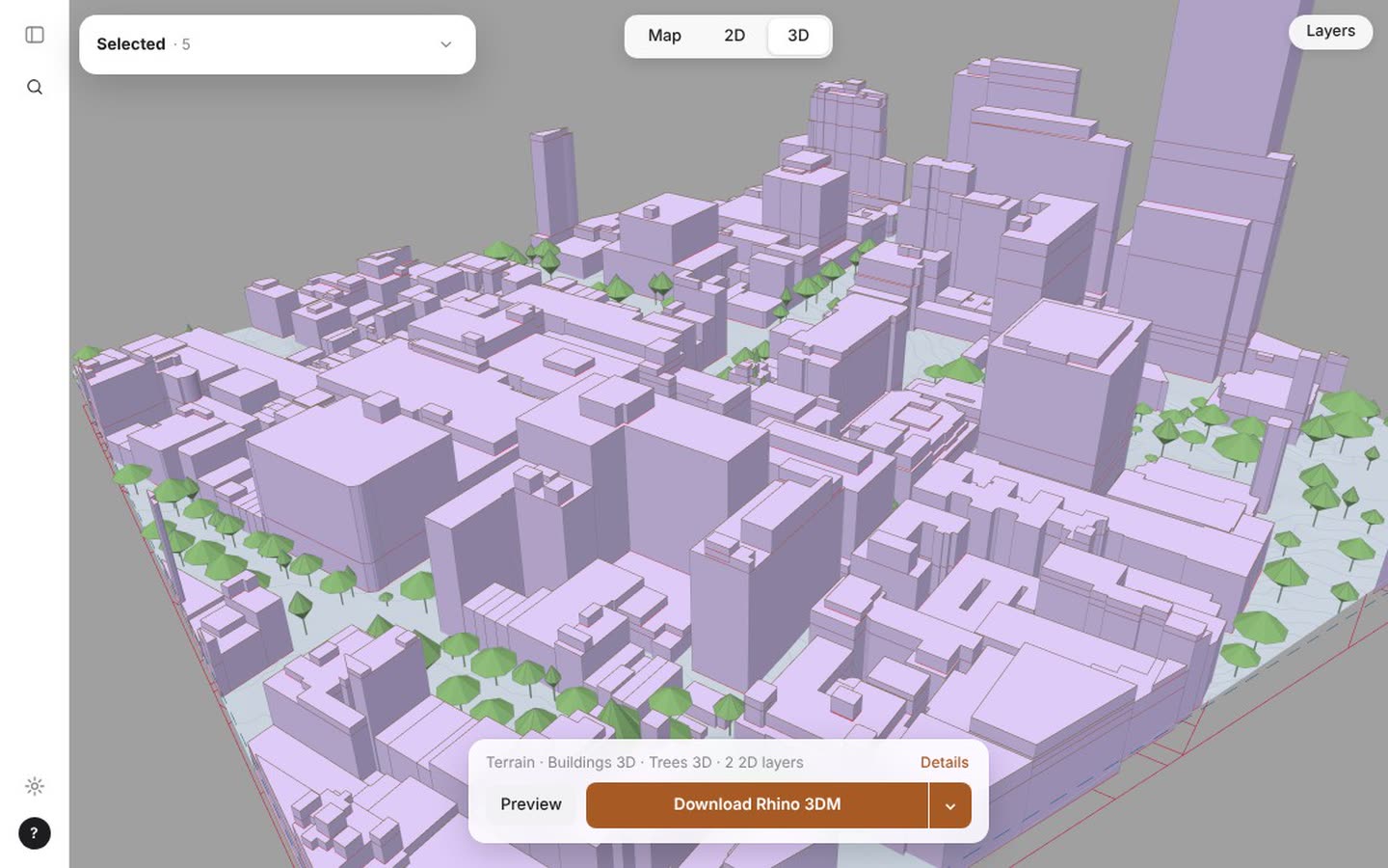 OpenFetch showing a site in Melbourne: the layer list on the left, the 3D preview of terrain, buildings and trees on the right