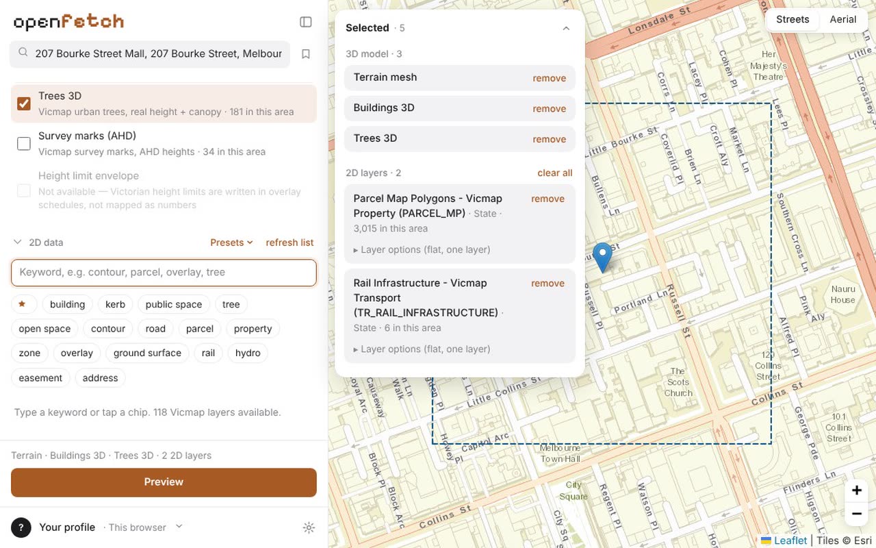 Ticking terrain, buildings and trees, then searching 2D layers by keyword