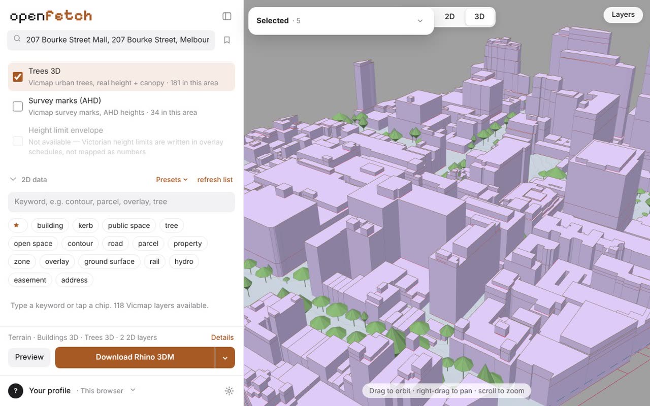 The preview loading, then the site shown in 3D with terrain, buildings and trees